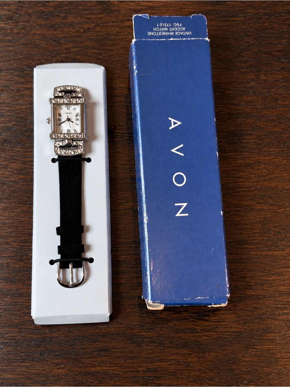 Vintage 2002 Avon Rhinestone Accent Watch Black Strap Silver Tone With Box